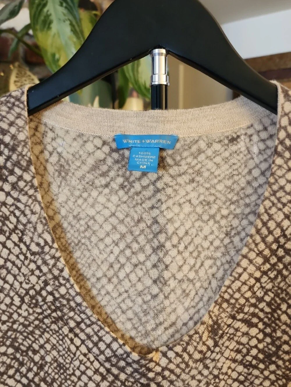 White + Warren Taupe and Cream V-Neck Snake-Print Sweater